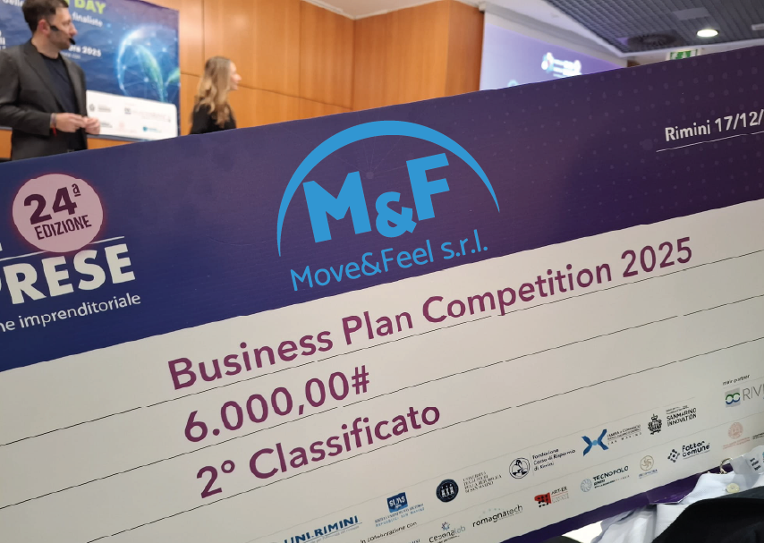 Business Plan Competition 2025 badge for Move&Feel, showing second place and the 6000 EUR Invitalia prize