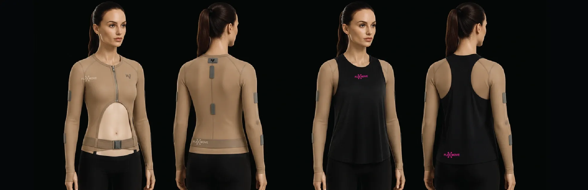 Four official FLEX-MOVE mannequin views showing male and female garments from the front and back