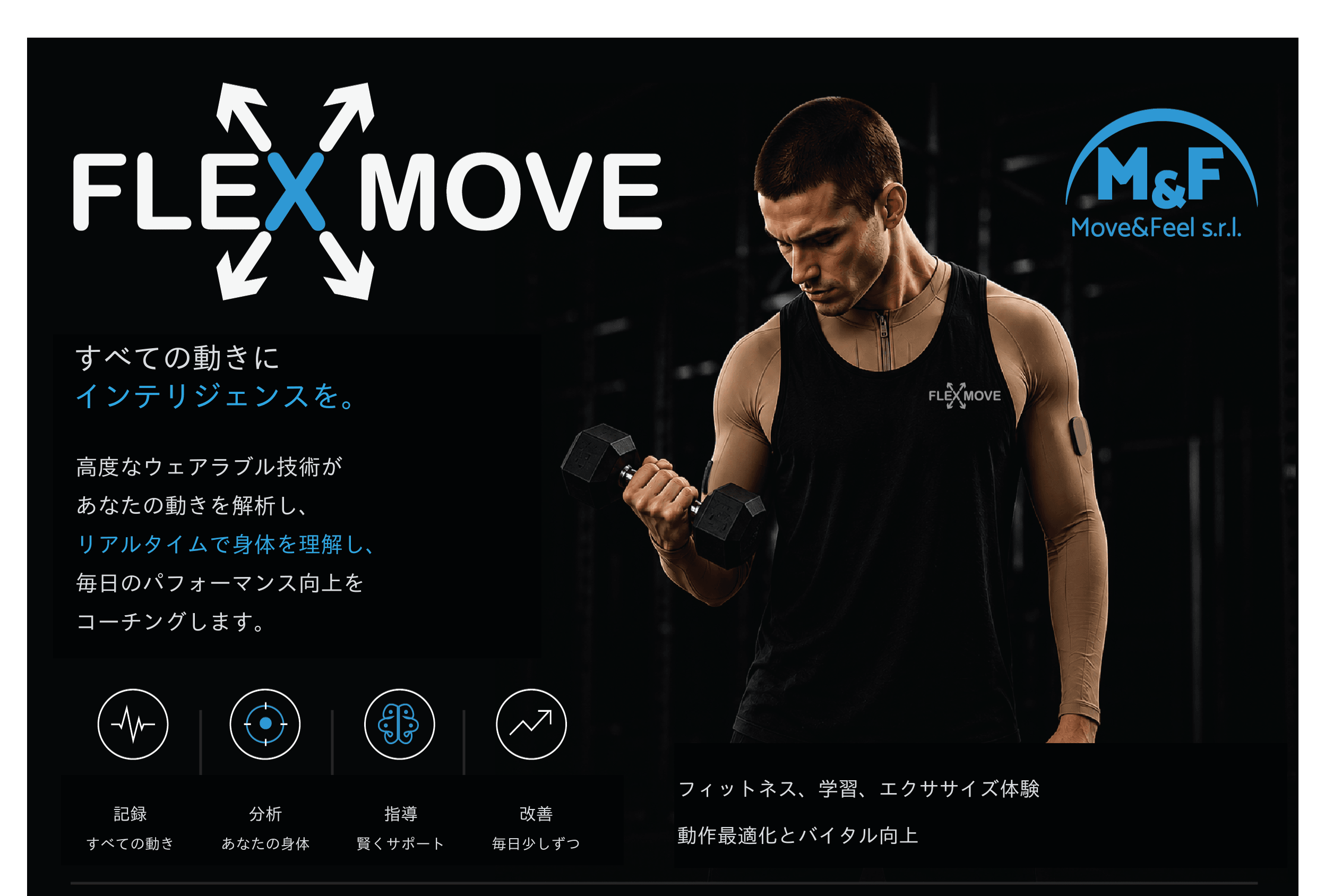 参加者の運動に合わせて画面上で姿勢ランドマークとライブ動作解析を表示する FLEX-MOVE のモーショントラッキングデモ