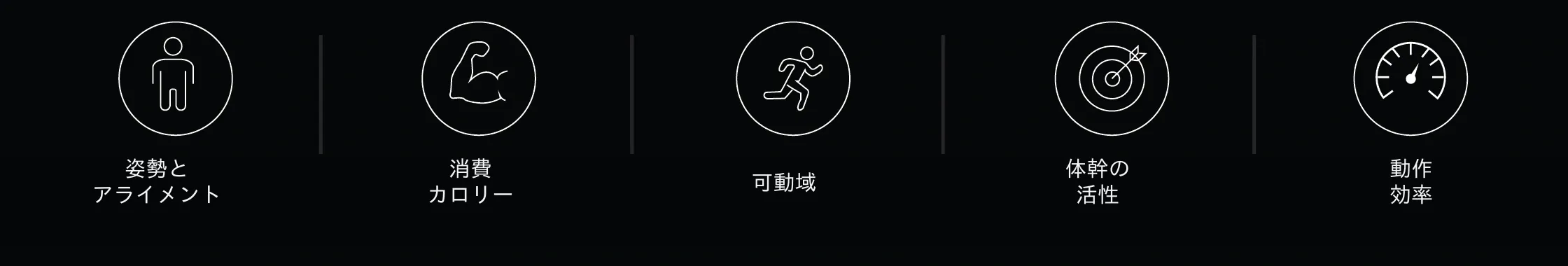 姿勢とアライメント、消費カロリー、可動域、コアエンゲージメント、動作効率を示す5つの FLEX-MOVE アイコン