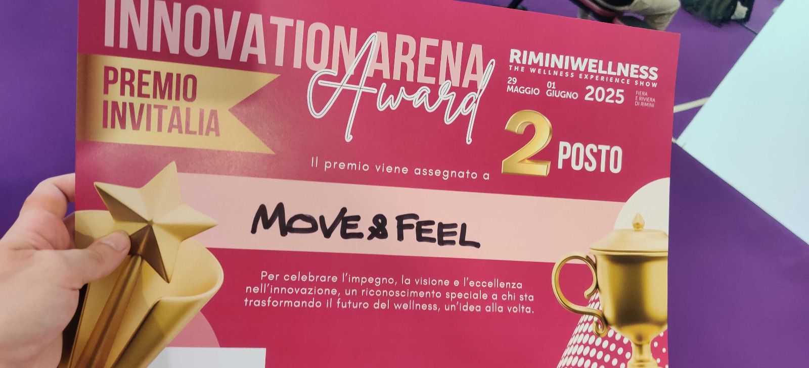 Innovation Arena Award 2025 certificate — 2nd Place Move&Feel — Invitalia Prize — RiminiWellness 2025