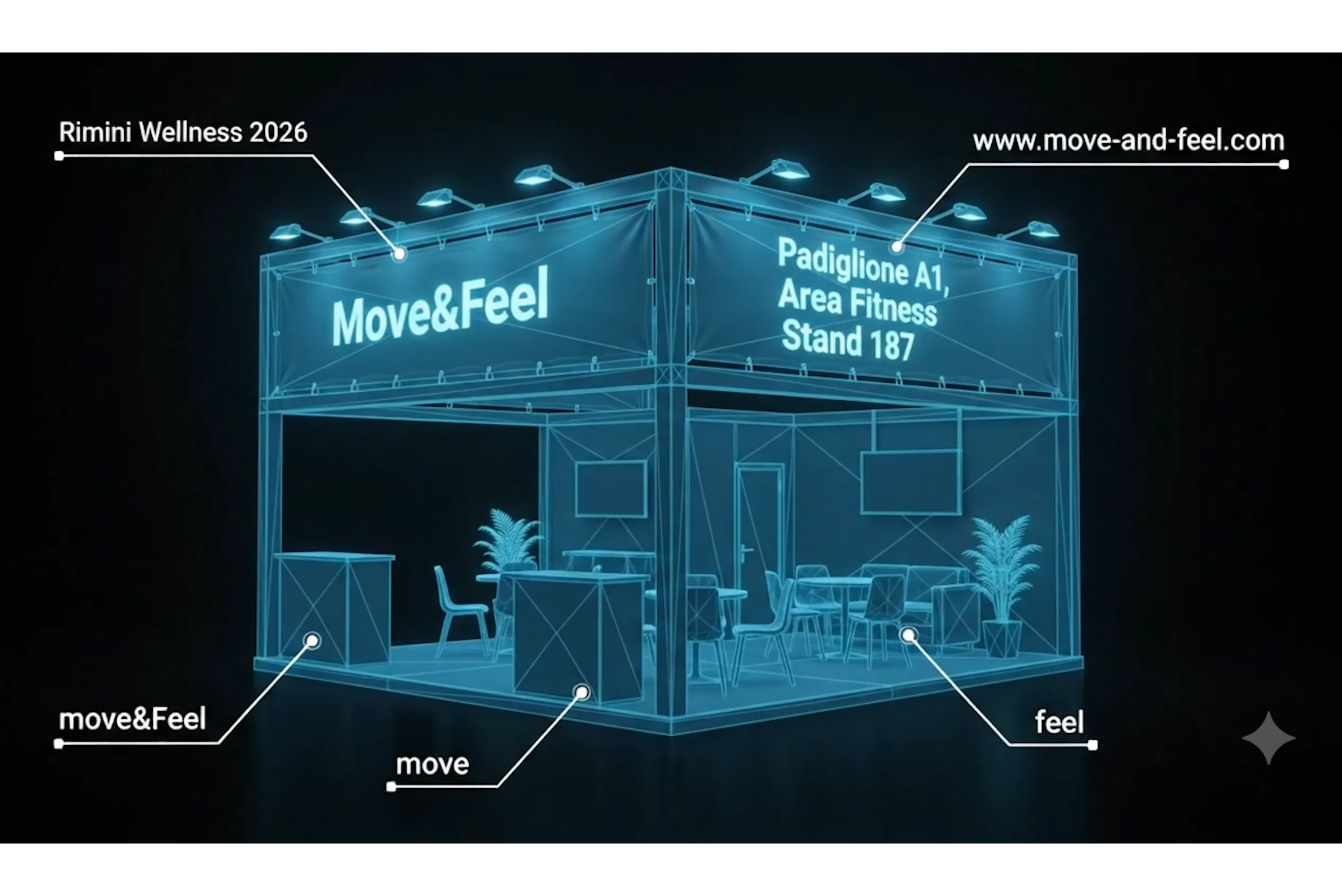3D render of the Move&Feel RiminiWellness stand with three zones labelled move&Feel, move, and feel, in neon teal wireframe on a black background.