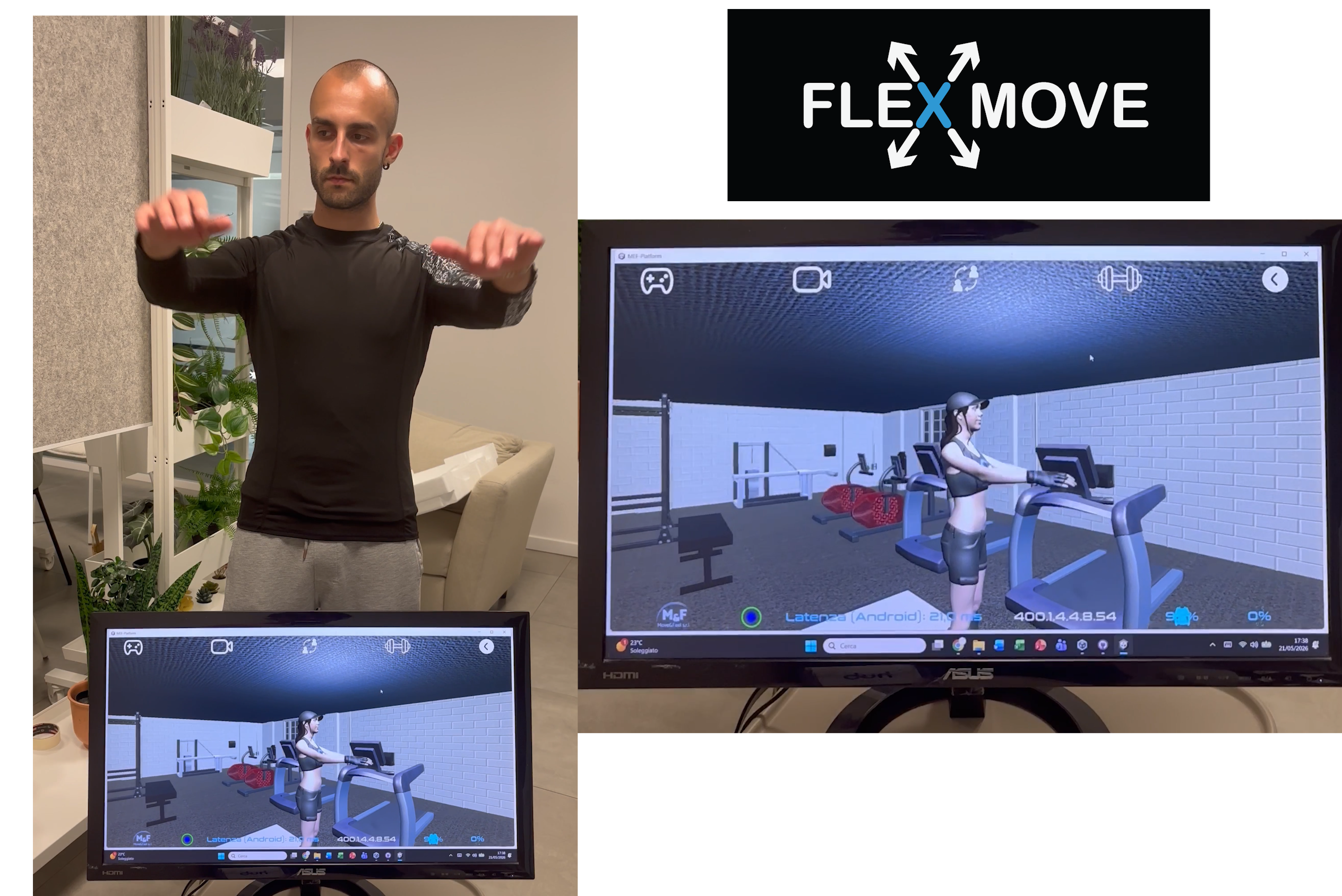Move&Feel partner reaches forward in the FLEX-MOVE shirt beside a monitor that mirrors the exercise with a live 3D avatar.