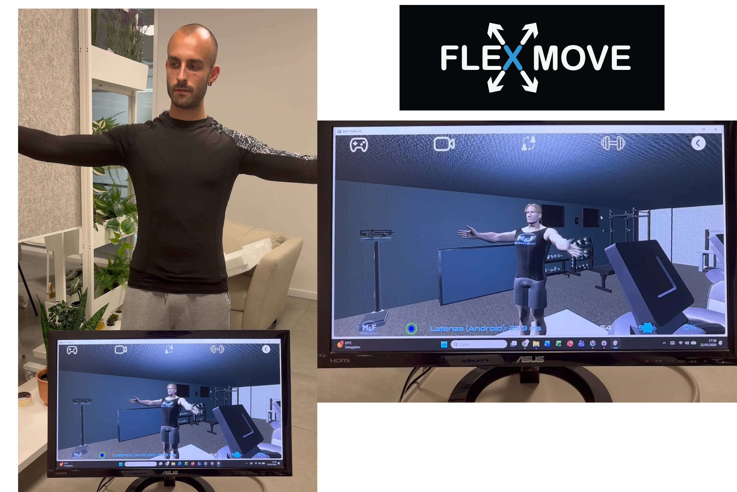 Move&Feel partner holds both arms out to the sides in the FLEX-MOVE shirt as the monitor reproduces the pose with a 3D training avatar.