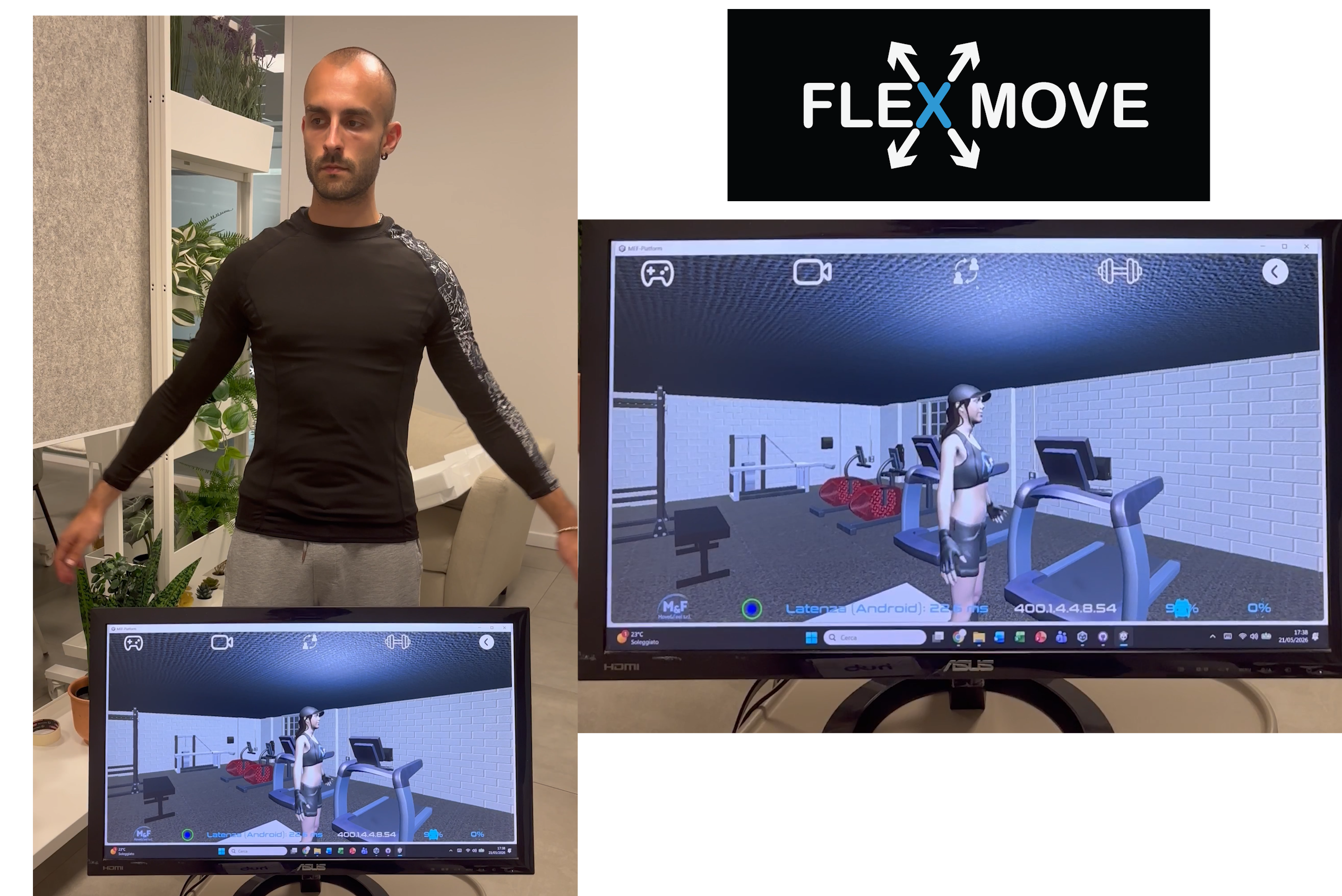 Move&Feel partner lowers both arms in the FLEX-MOVE shirt while the nearby monitor displays the tracked avatar in the same workout position.