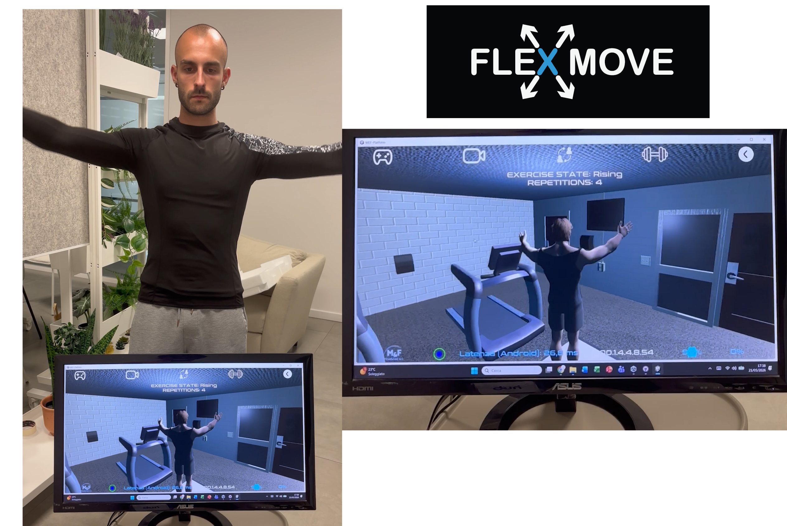 Move&Feel partner wearing the FLEX-MOVE shirt raises both arms while a monitor shows the matching 3D avatar and repetition status.